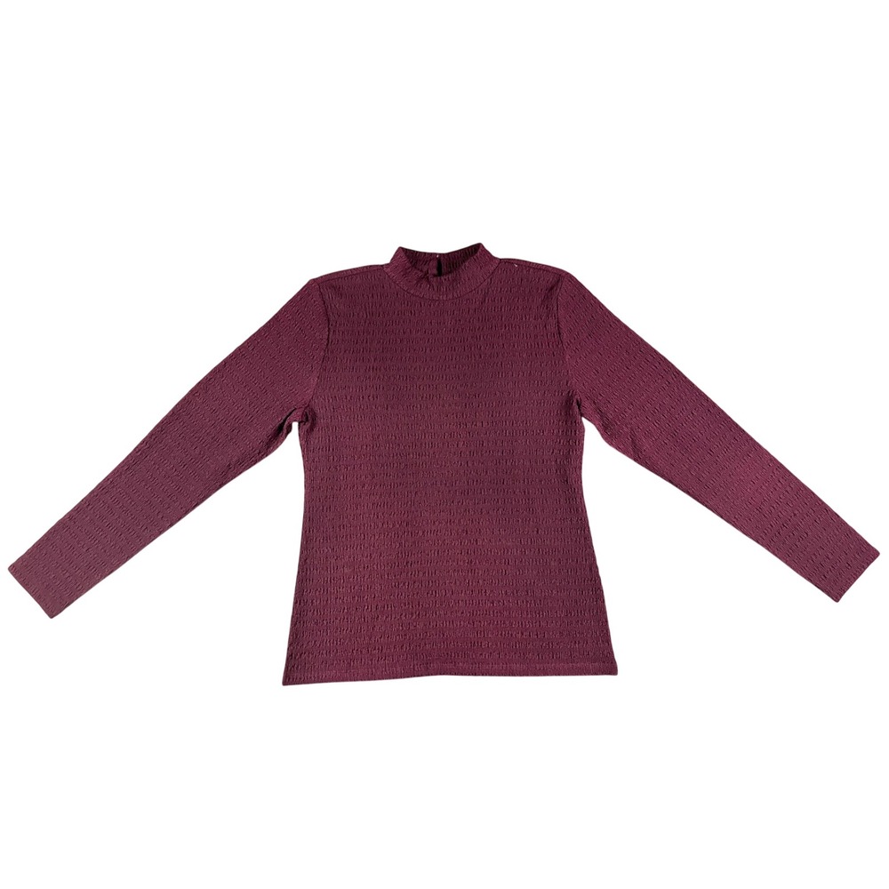 Ann Taylor Burgundy Crinkle Mock Neck Keyhole Long Sleeve Top Large